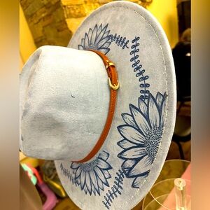 Beautiful fun wood burned floral hand sewed hat.